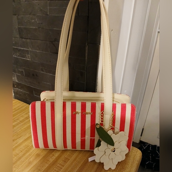 Betsey Johnson Handbags - Betsey Johnson Cream and Pink Striped Shoulder Bag